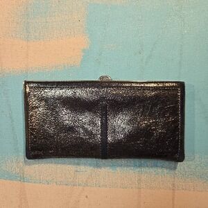 Lodis Black Leather Framed Wallet Clutch Metallic Crackle‎ Exterior Card 4x8"
